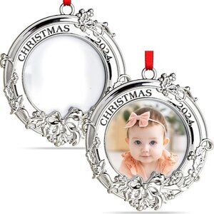 Set of 2 Christmas Silver 3.5" x 3.5" Round Photo Frame Engraved Tree Ornament